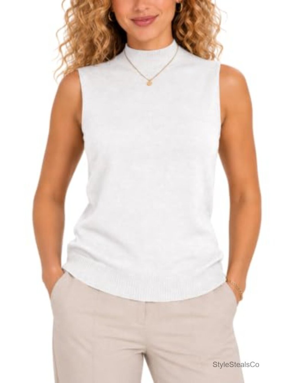 Sleeveless Mock Neck Sweater Vest Women Viscose Nylon Knit Business Casual